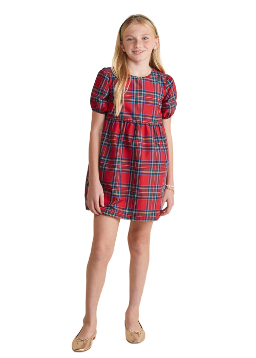 Girls Taffeta Puff-Sleeve Tartan Dress Girls