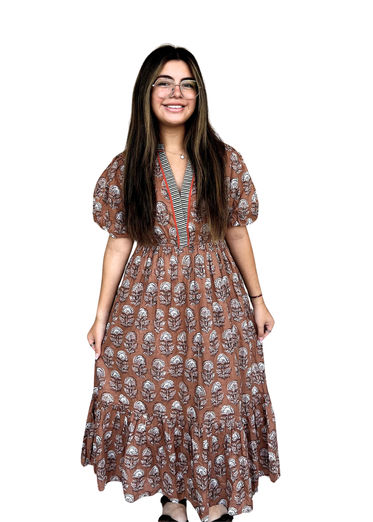 THML MOCHA BLOCK PRINT MIDI DRESS Medium THML MOCHA BLOCK PRINT MIDI DRESS Medium