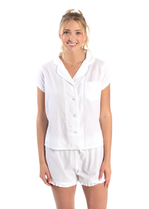 Seersucker Pajama Shorts Set - White Pajama